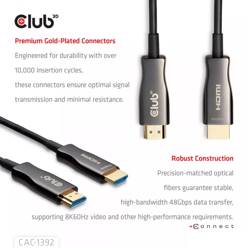 Cabo AOC híbrido CLUB3D HDMI™ 8K60Hz/4K120Hz 30m / 98,42 ft, 30 m, HDMI tipo A (Standard), HDMI tipo A (Standard), 48 Gbit/s, preto
