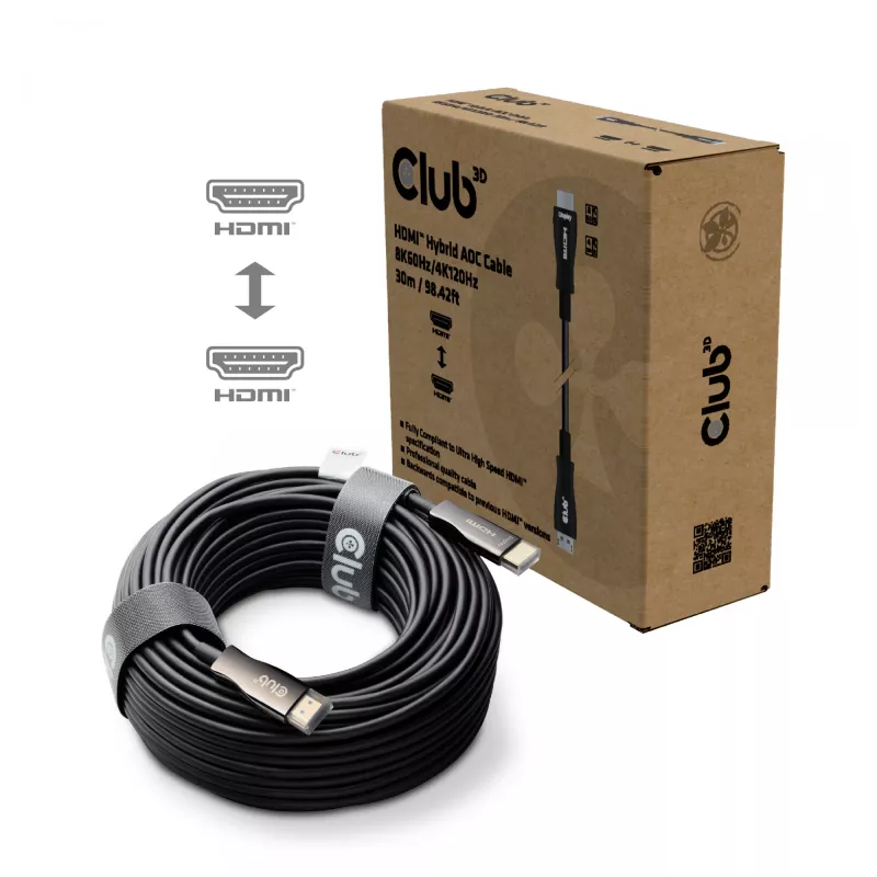 Cabo AOC híbrido CLUB3D HDMI™ 8K60Hz/4K120Hz 30m / 98,42 ft, 30 m, HDMI tipo A (Standard), HDMI tipo A (Standard), 48 Gbit/s, preto