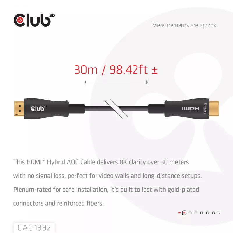 Cabo AOC híbrido CLUB3D HDMI™ 8K60Hz/4K120Hz 30m / 98,42 ft, 30 m, HDMI tipo A (Standard), HDMI tipo A (Standard), 48 Gbit/s, preto