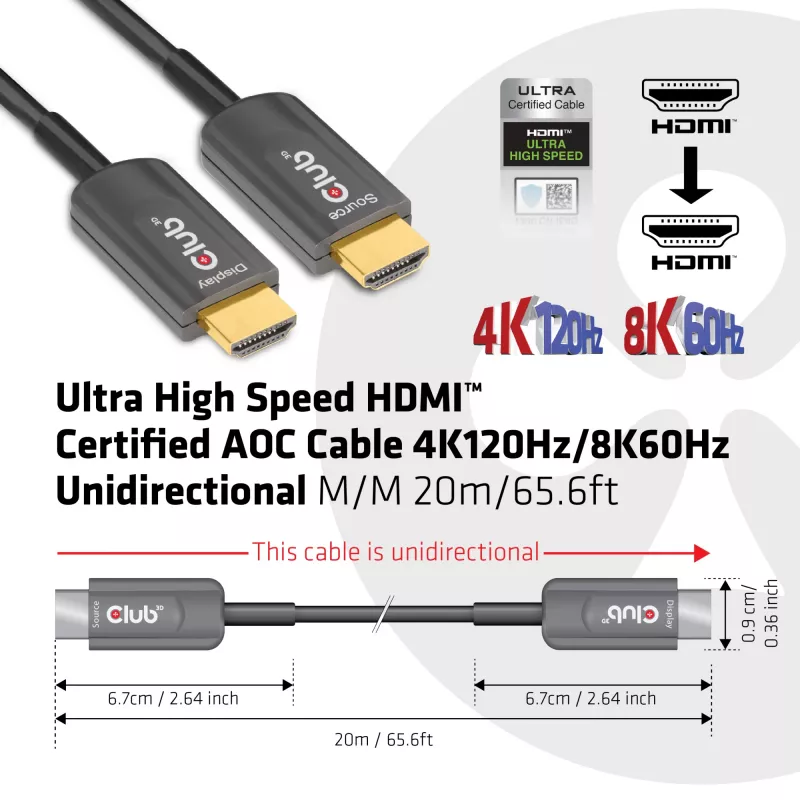 Cabo AOC CLUB3D Ultra High Speed HDMI™ certificado 4K120Hz/8K60Hz unidirecional macho/macho 20m/65,6ft