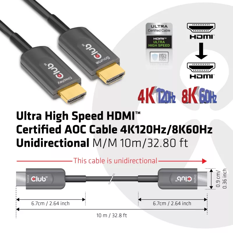 Cabo AOC CLUB3D Ultra High Speed HDMI™ certificado 4K120Hz/8K60Hz unidirecional M/M 10m