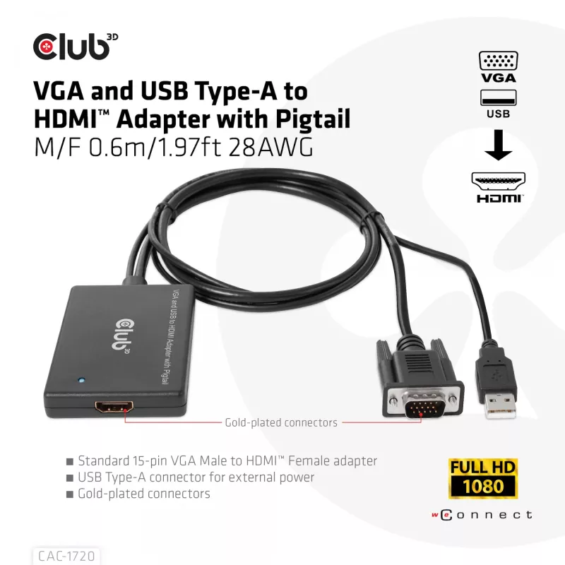 Club 3D CAC-1720 adaptador de VGA e USB Type-A para HDMI com pigtail M/F, 0,6 m (1,97 ft), 28AWG, preto