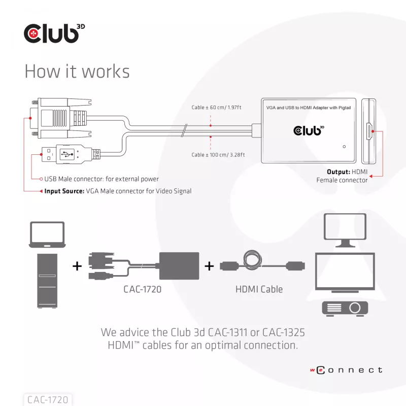 Club 3D CAC-1720 adaptador de VGA e USB Type-A para HDMI com pigtail M/F, 0,6 m (1,97 ft), 28AWG, preto