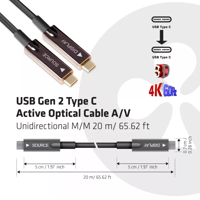 Cabo ótico ativo CLUB3D USB Gen 2 Type C A/V unidirecional M/M 20 m