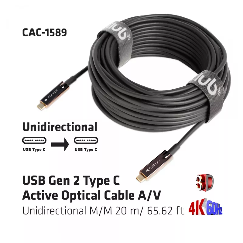 Cabo ótico ativo CLUB3D USB Gen 2 Type C A/V unidirecional M/M 20 m