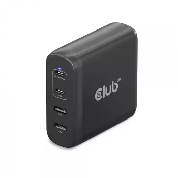 Carregador de viagem CLUB3D 100W tecnologia GaN, quatro portas USB Type-A(2x) e -C(2x), suporte Power Delivery(PD) 3.0