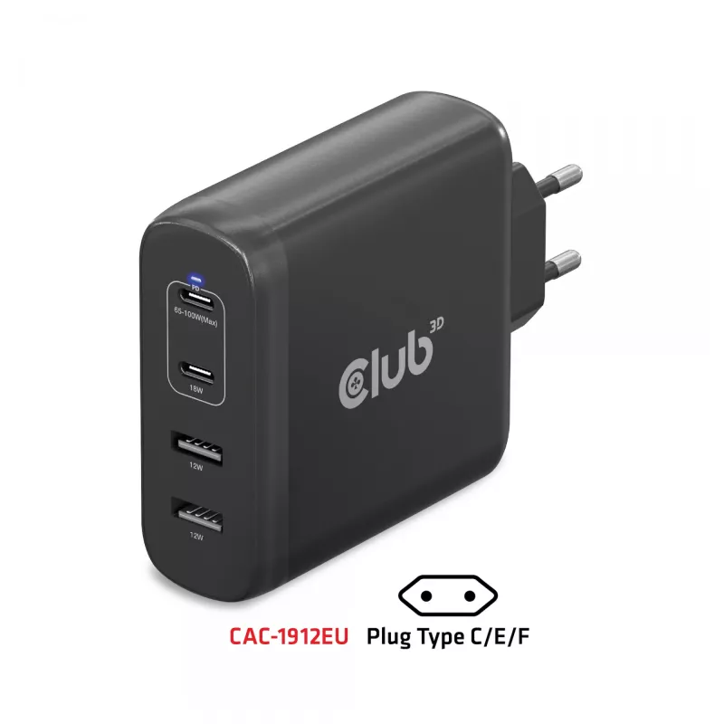 Carregador de viagem CLUB3D 100W tecnologia GaN, quatro portas USB Type-A(2x) e -C(2x), suporte Power Delivery(PD) 3.0