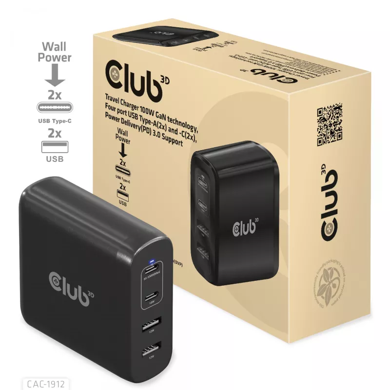 Carregador de viagem CLUB3D 100W tecnologia GaN, quatro portas USB Type-A(2x) e -C(2x), suporte Power Delivery(PD) 3.0