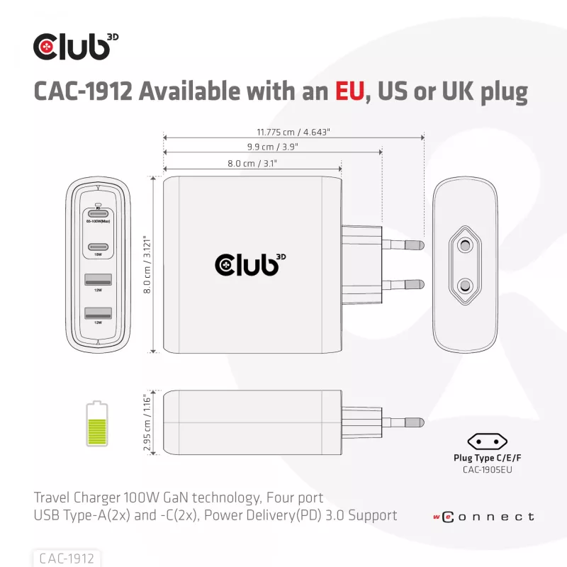 Carregador de viagem CLUB3D 100W tecnologia GaN, quatro portas USB Type-A(2x) e -C(2x), suporte Power Delivery(PD) 3.0