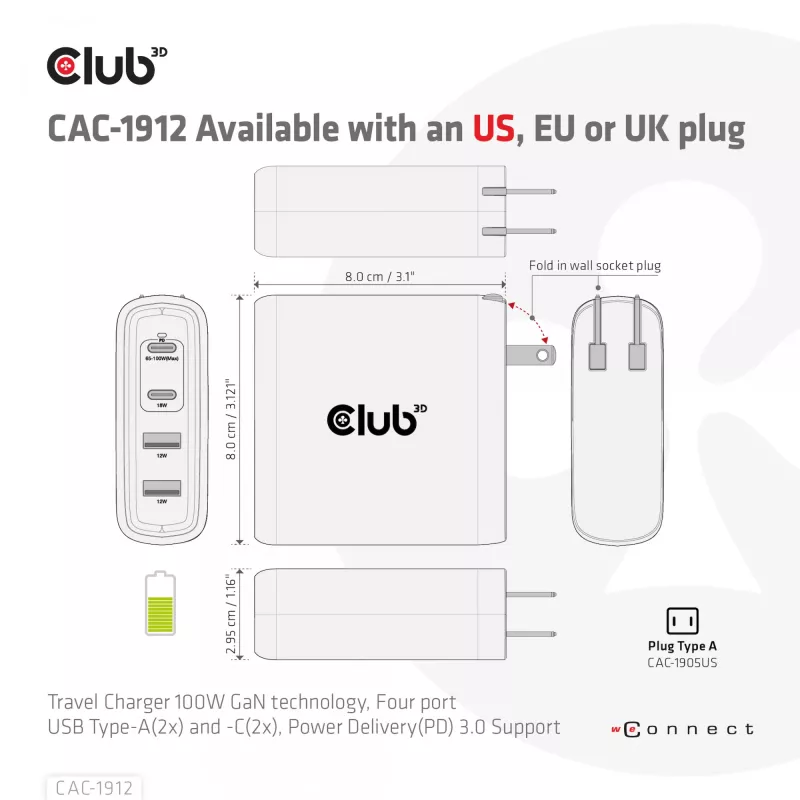 Carregador de viagem CLUB3D 100W tecnologia GaN, quatro portas USB Type-A(2x) e -C(2x), suporte Power Delivery(PD) 3.0