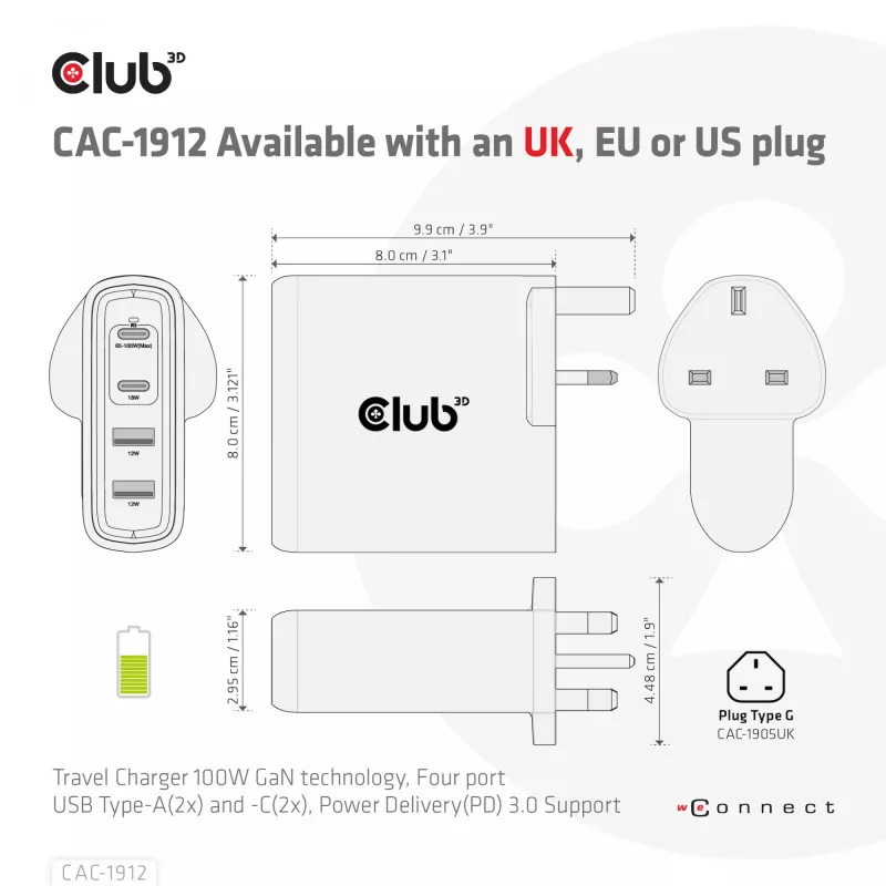 Carregador de viagem CLUB3D 100W tecnologia GaN, quatro portas USB Type-A(2x) e -C(2x), suporte Power Delivery(PD) 3.0