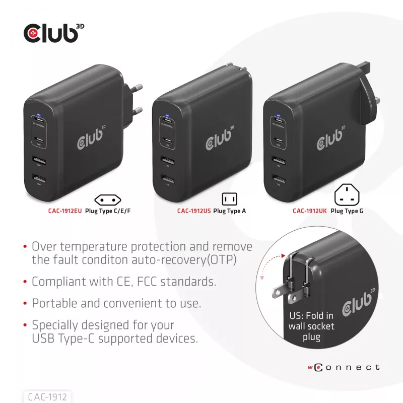 Carregador de viagem CLUB3D 100W tecnologia GaN, quatro portas USB Type-A(2x) e -C(2x), suporte Power Delivery(PD) 3.0