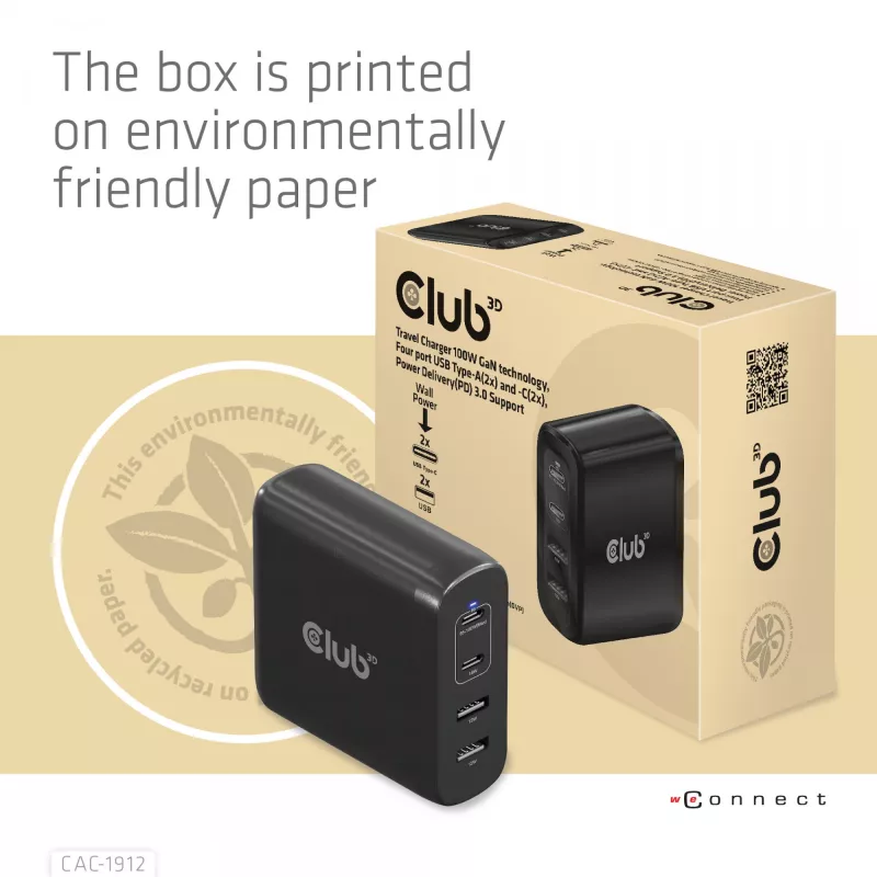 Carregador de viagem CLUB3D 100W tecnologia GaN, quatro portas USB Type-A(2x) e -C(2x), suporte Power Delivery(PD) 3.0
