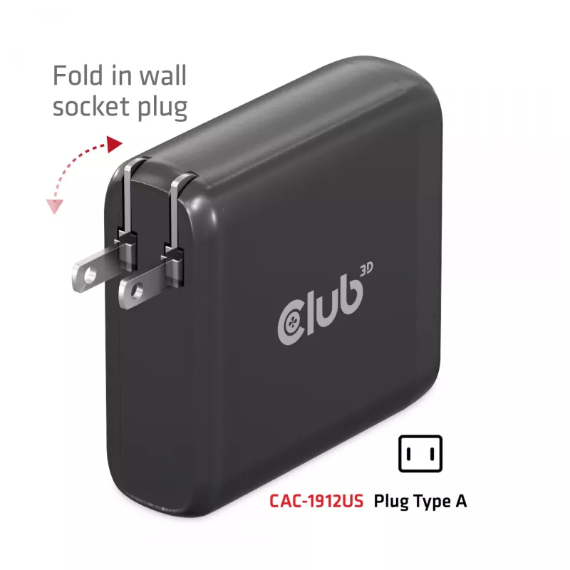 Carregador de viagem CLUB3D 100W tecnologia GaN, quatro portas USB Type-A(2x) e -C(2x), suporte Power Delivery(PD) 3.0