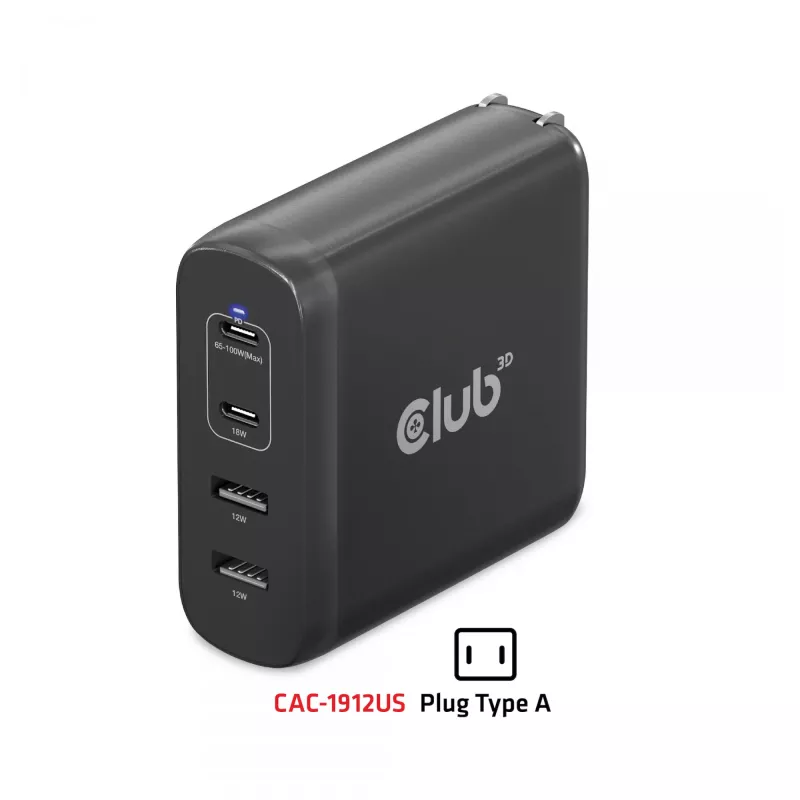 Carregador de viagem CLUB3D 100W tecnologia GaN, quatro portas USB Type-A(2x) e -C(2x), suporte Power Delivery(PD) 3.0