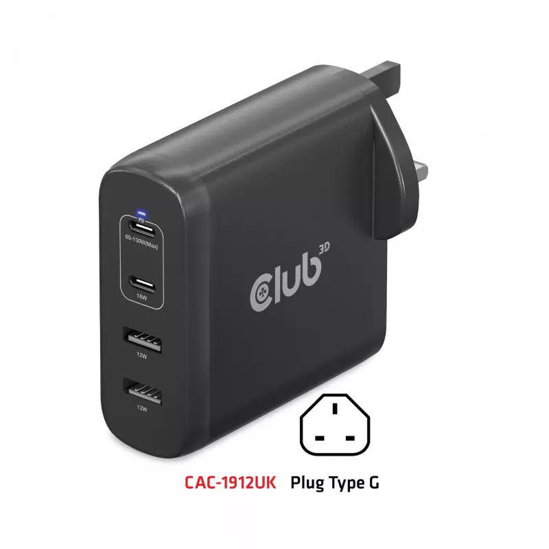 Carregador de viagem CLUB3D 100W tecnologia GaN, quatro portas USB Type-A(2x) e -C(2x), suporte Power Delivery(PD) 3.0
