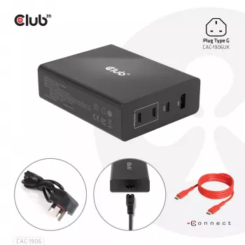 Carregador de viagem CLUB3D 132W tecnologia GaN, quatro portas USB Type-A e -C, suporte Power Delivery (PD) 3.0
