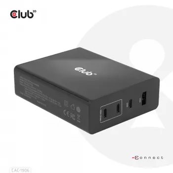 Carregador de viagem CLUB3D 132W tecnologia GaN, quatro portas USB Type-A e -C, suporte Power Delivery (PD) 3.0
