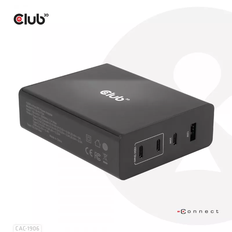 Carregador de viagem CLUB3D 132W tecnologia GaN, quatro portas USB Type-A e -C, suporte Power Delivery (PD) 3.0