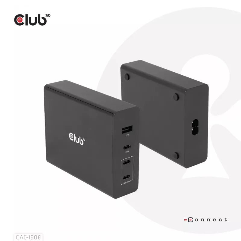 Carregador de viagem CLUB3D 132W tecnologia GaN, quatro portas USB Type-A e -C, suporte Power Delivery (PD) 3.0