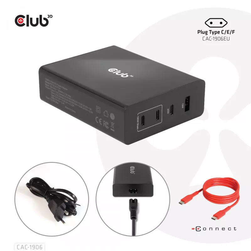 Carregador de viagem CLUB3D 132W tecnologia GaN, quatro portas USB Type-A e -C, suporte Power Delivery (PD) 3.0