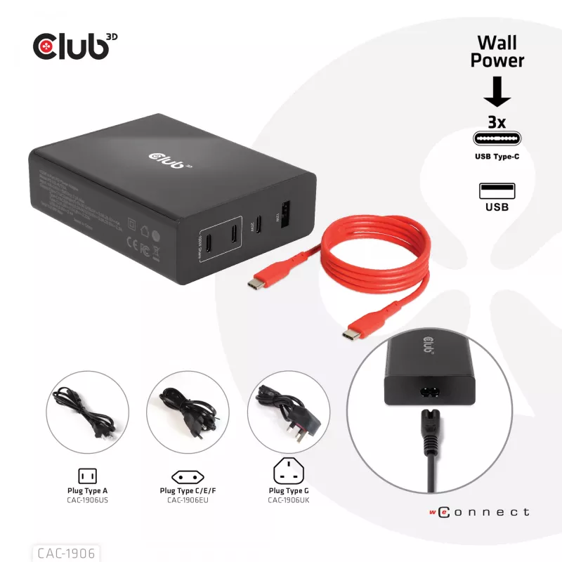 Carregador de viagem CLUB3D 132W tecnologia GaN, quatro portas USB Type-A e -C, suporte Power Delivery (PD) 3.0