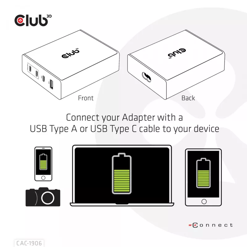 Carregador de viagem CLUB3D 132W tecnologia GaN, quatro portas USB Type-A e -C, suporte Power Delivery (PD) 3.0
