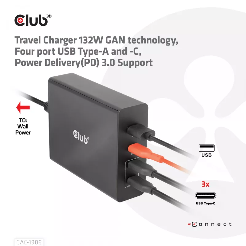 Carregador de viagem CLUB3D 132W tecnologia GaN, quatro portas USB Type-A e -C, suporte Power Delivery (PD) 3.0
