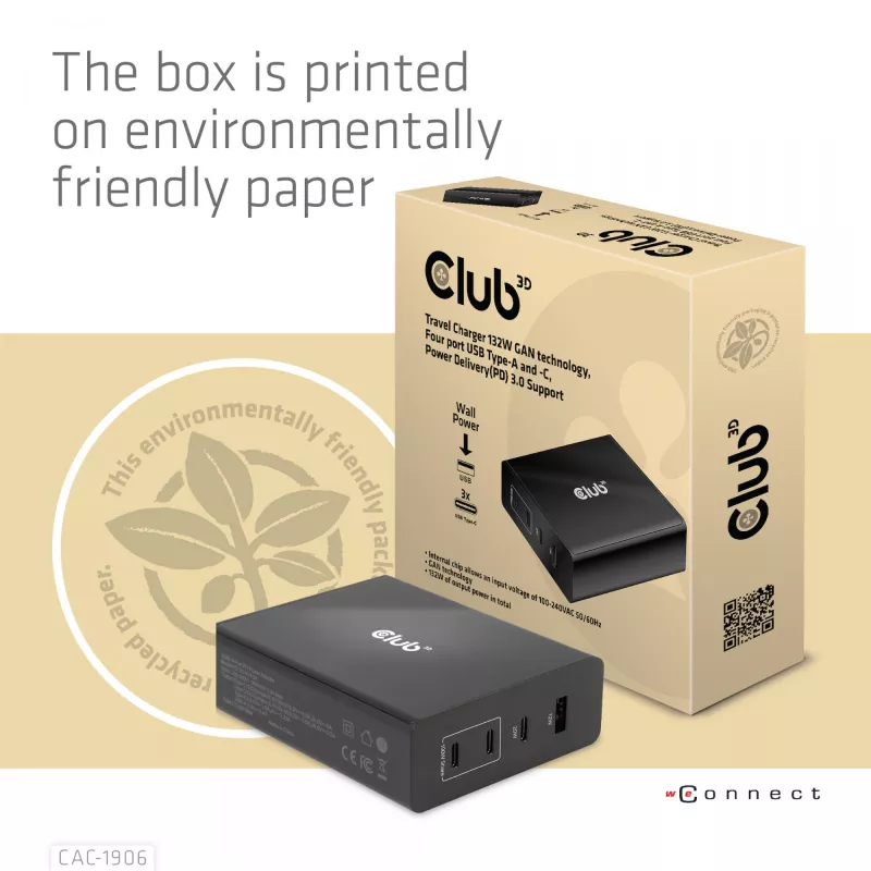 Carregador de viagem CLUB3D 132W tecnologia GaN, quatro portas USB Type-A e -C, suporte Power Delivery (PD) 3.0