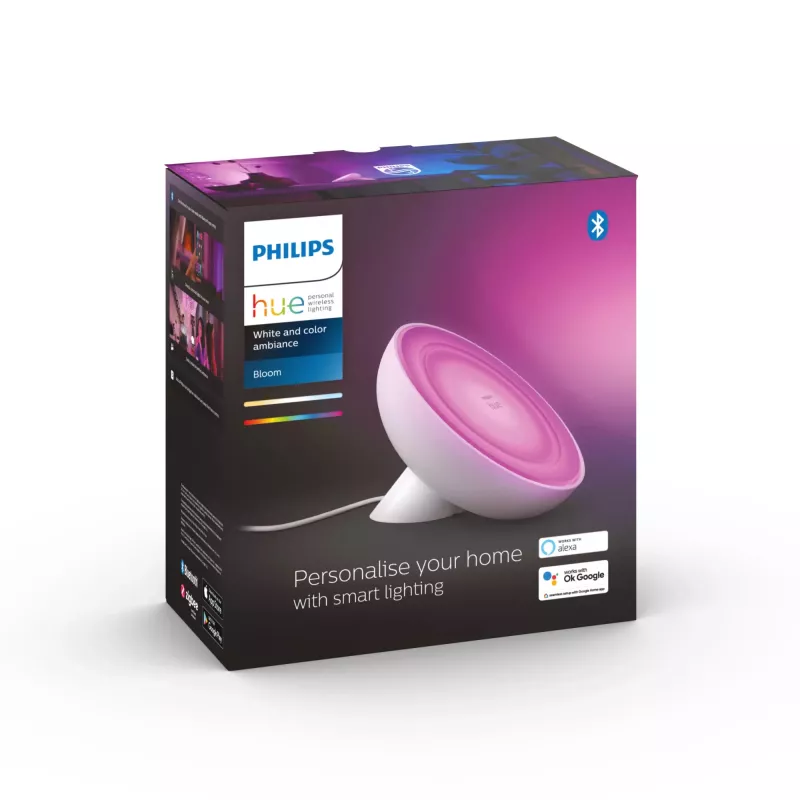 Philips Hue White and Colour Ambience Bloom candeeiro de mesa, candeeiro de mesa inteligente, ZigBee, branco, LED integrado, metal, lâmpadas não substituíveis