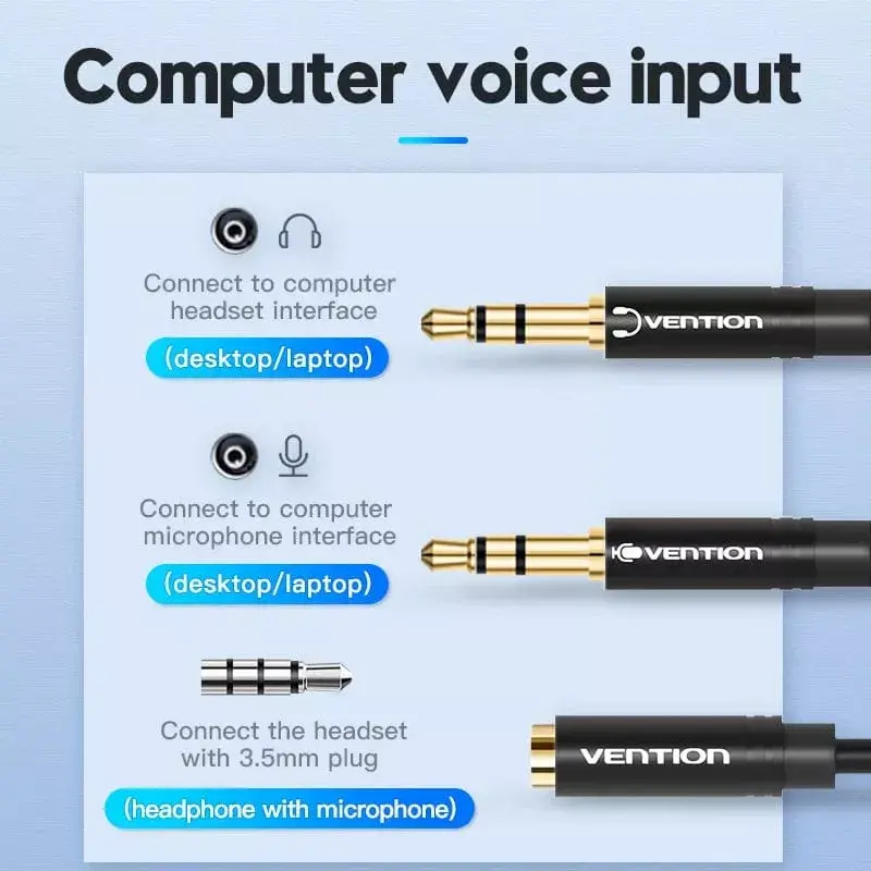 Cabo adaptador de áudio Vention 2× ficha 3,5 mm para conector fêmea 3,5 mm de 4 polos, 0,3 m, preto
