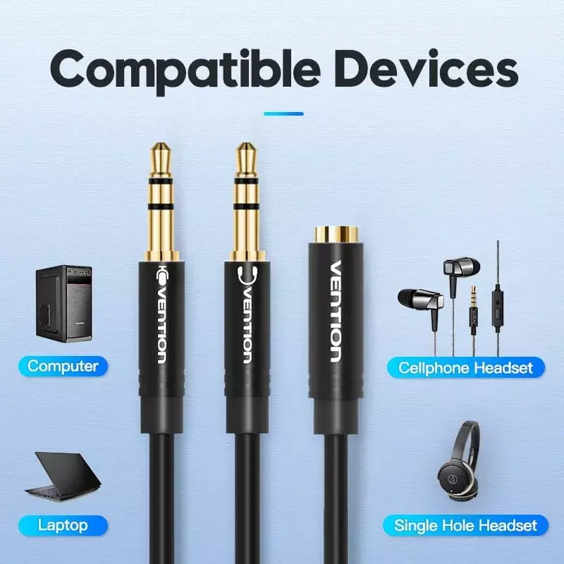 Cabo adaptador de áudio Vention 2× ficha 3,5 mm para conector fêmea 3,5 mm de 4 polos, 0,3 m, preto