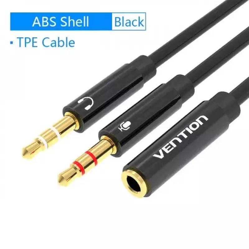 Cabo adaptador de áudio Vention 2× ficha 3,5 mm para conector fêmea 3,5 mm de 4 polos, 0,3 m, preto