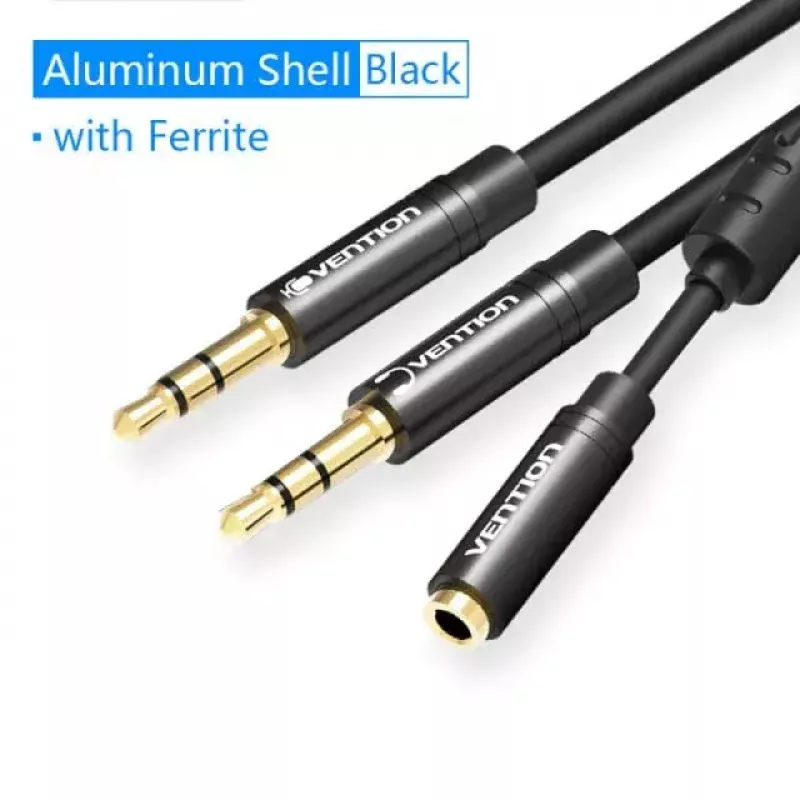 Cabo adaptador de áudio Vention 2× ficha 3,5 mm para conector fêmea 3,5 mm de 4 polos, 0,3 m, preto
