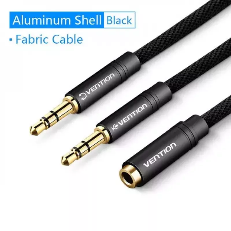 Cabo adaptador de áudio Vention 2× ficha 3,5 mm para conector fêmea 3,5 mm de 4 polos, 0,3 m, preto