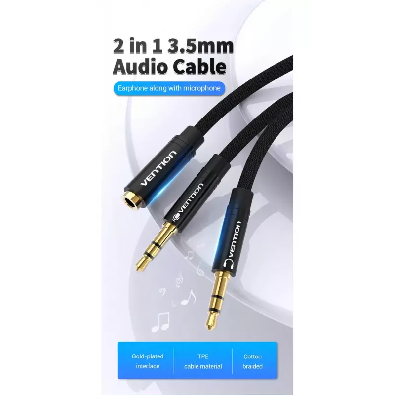 Cabo adaptador de áudio Vention 2× ficha 3,5 mm para conector fêmea 3,5 mm de 4 polos, 0,3 m, preto