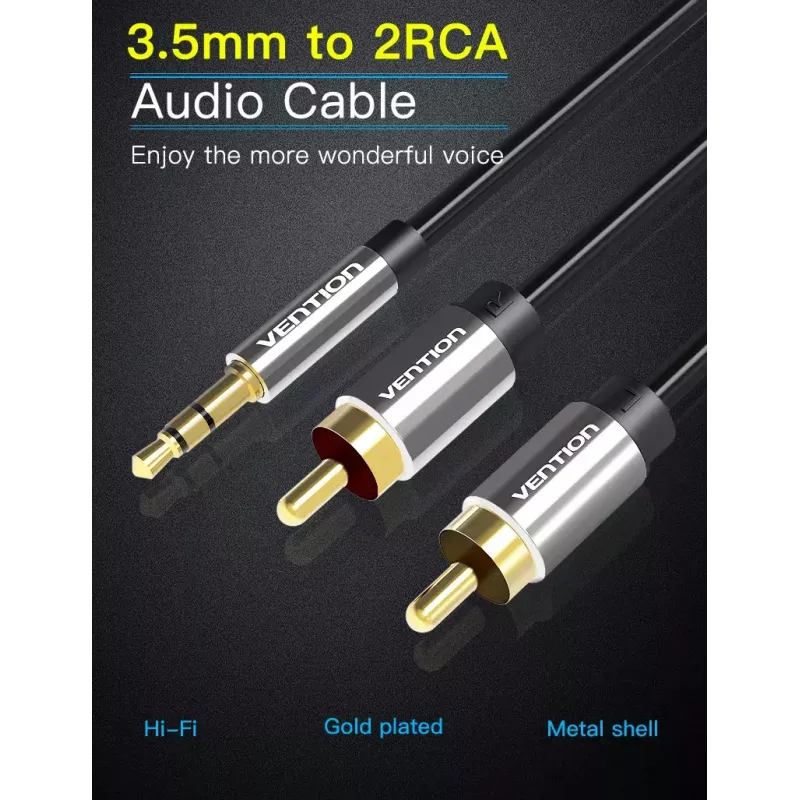 Cabo de áudio Vention 3,5 mm TRRS (ficha) para 2×RCA (ficha), 2 m, preto