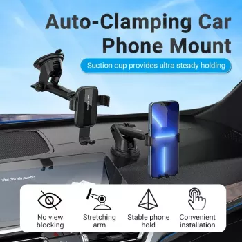 Suporte para automóvel Vention KCOB0 — suporte com ventosa e mola para smartphones, preto, largura 73 mm, altura 117,6 mm