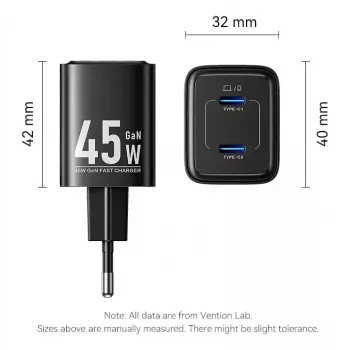 Vention FEFW0-EU carregador rápido AC de interior 45W, 2x USB-C, compatível com smartphone portátil tablet smartwatch auscultadores, branco