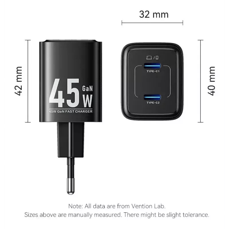 Vention FEFW0-EU carregador rápido AC de interior 45W, 2x USB-C, compatível com smartphone portátil tablet smartwatch auscultadores, branco