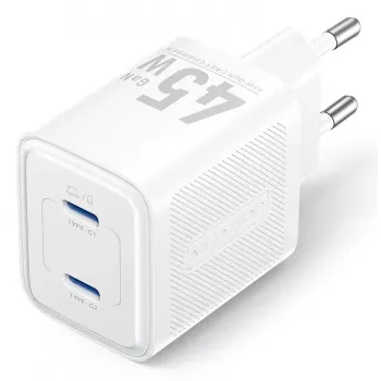 Vention FEFW0-EU carregador rápido AC de interior 45W, 2x USB-C, compatível com smartphone portátil tablet smartwatch auscultadores, branco
