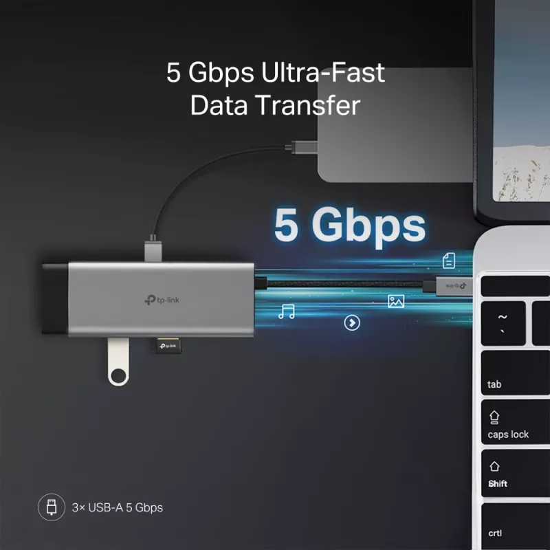 Hub USB Type-C TP-Link UH7021C — HDMI, USB 3.2 Gen1, USB 2.0, SD/microSD, 5000 Mbit/s, alumínio preto