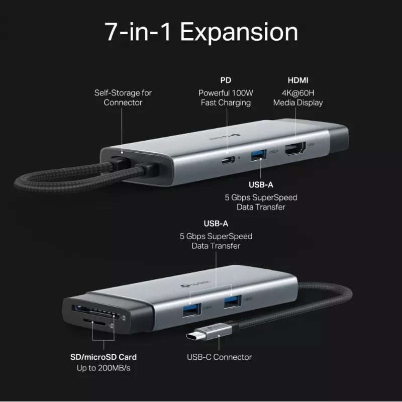 Hub USB Type-C TP-Link UH7021C — HDMI, USB 3.2 Gen1, USB 2.0, SD/microSD, 5000 Mbit/s, alumínio preto