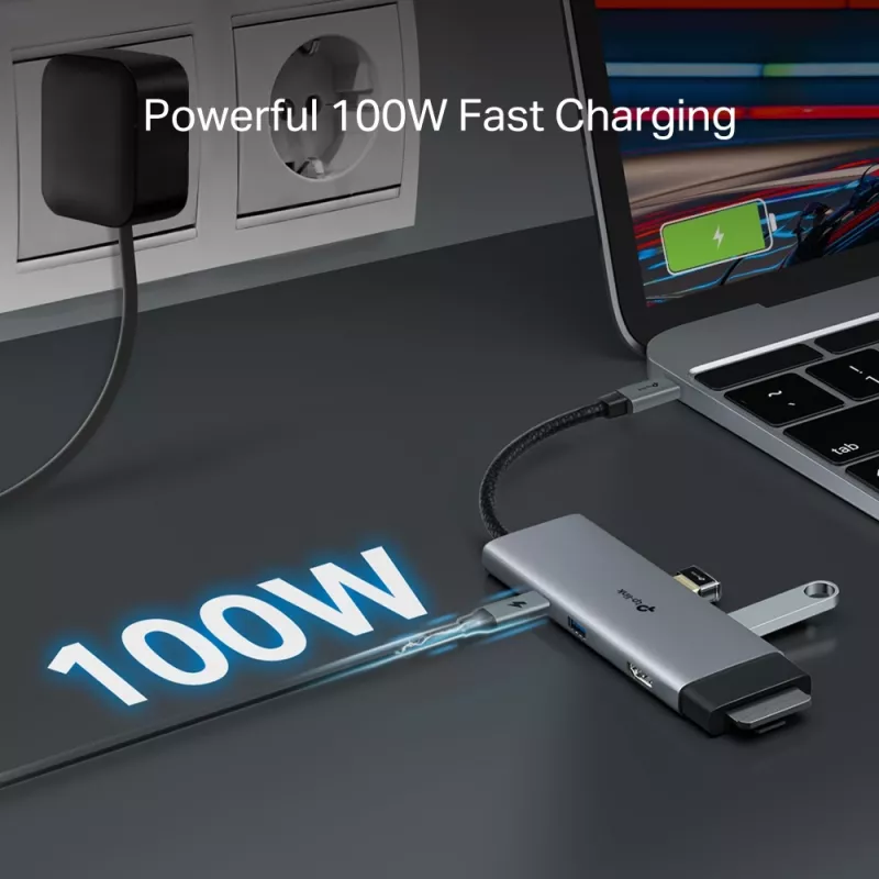 Hub USB Type-C TP-Link UH7021C — HDMI, USB 3.2 Gen1, USB 2.0, SD/microSD, 5000 Mbit/s, alumínio preto
