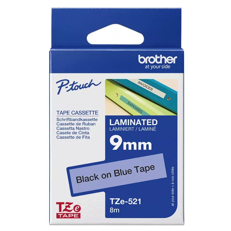 Fita laminada Brother 9 mm, preto sobre azul, TZe, preto, transferência térmica, Filipinas, 5 ano(s)