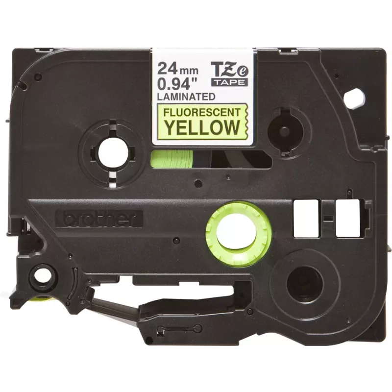 Fita laminada Brother TZe preto sobre amarelo fluorescente 2,4 cm 5 m