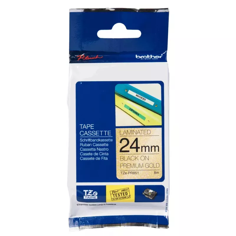 Fita de rotulagem Brother TZE-PR851 preto sobre dourado