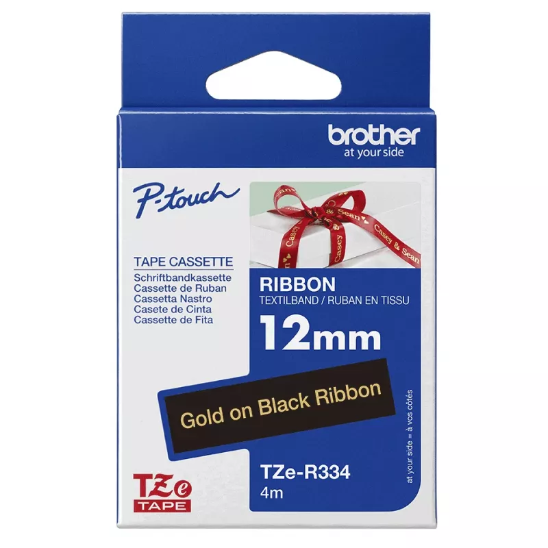Fita de rotulagem Brother TZE-R334 dourado sobre preto