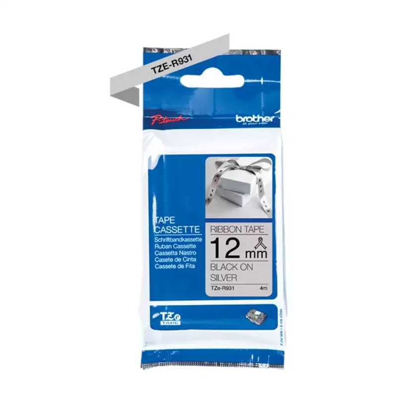 Fita de rotulagem Brother TZE-R931 preto sobre prateado