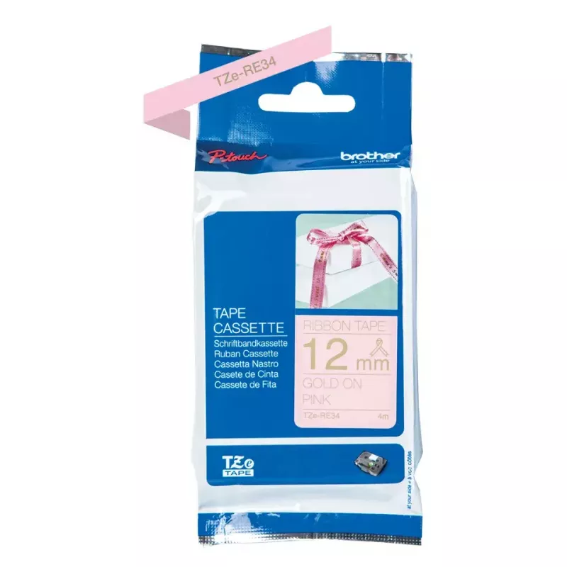 Fita de etiquetas Brother TZE-RE34 dourado sobre rosa